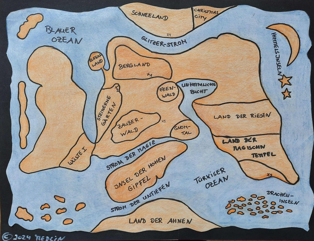 Gemalte Karte der Magischen Welt in blau (Wasser) und hellbraun (Land), mit einem schwarzen Rand, auf dem links unten "© 2024 Merlin" steht.
