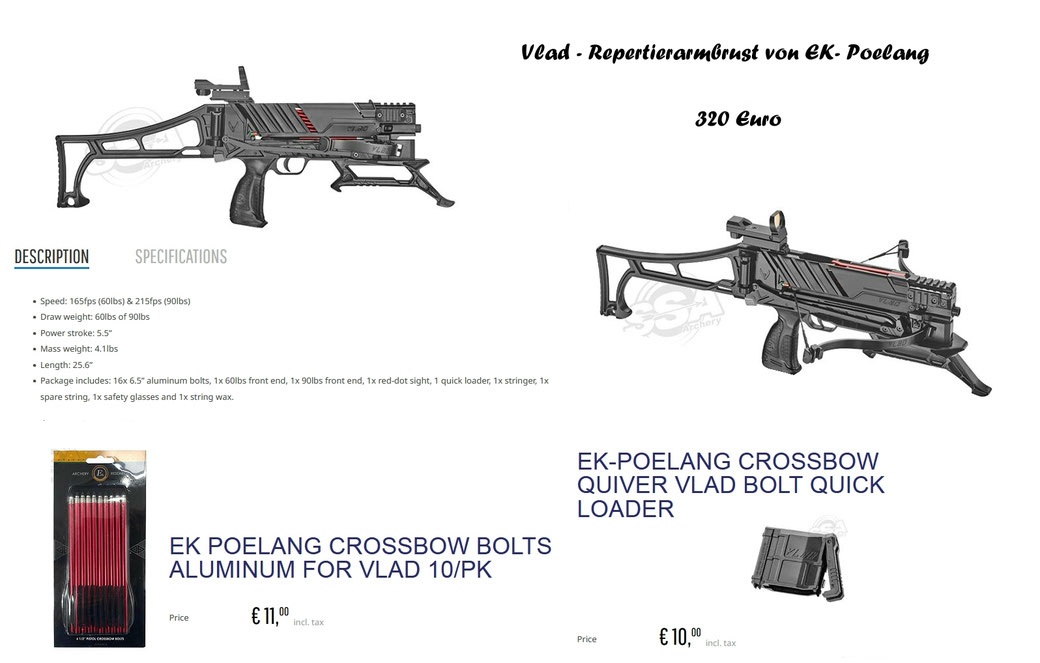 Ek Poelang Vlad, Armbrustbolzen Vlad, Armbrust Vlad, Pistolenarmbrust Vlad