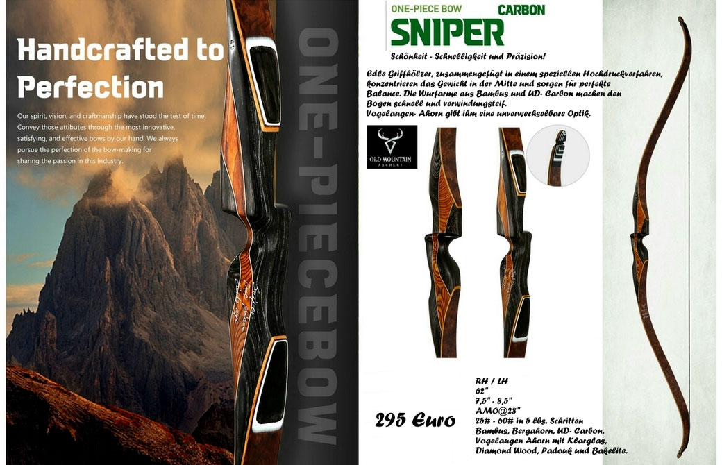 Old Mountain Sniper Recurve Birdseye, Old Mountain One Piece Recurve Sniper, Sniper Birdseye Old Mountain, Sniper Birdseye 62"