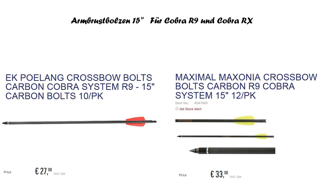 Cobra RX Armbrustbolzen, Armbrustbolzen 15 Zoll, Cobra Crossbow Bolts 15 Zoll