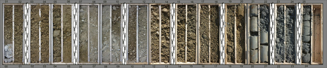 Detaliu a unui profil de foraj depozitat în lădițe. Drilling profile detail deposited in containers.