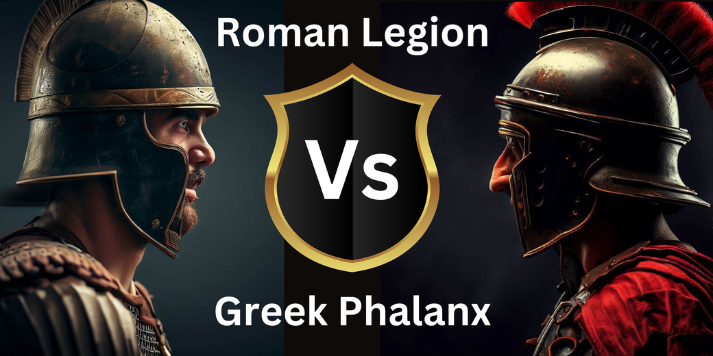 Side-by-side profile view of a Greek hoplite and Roman legionary facing each other with a “Vs” shield graphic between them.