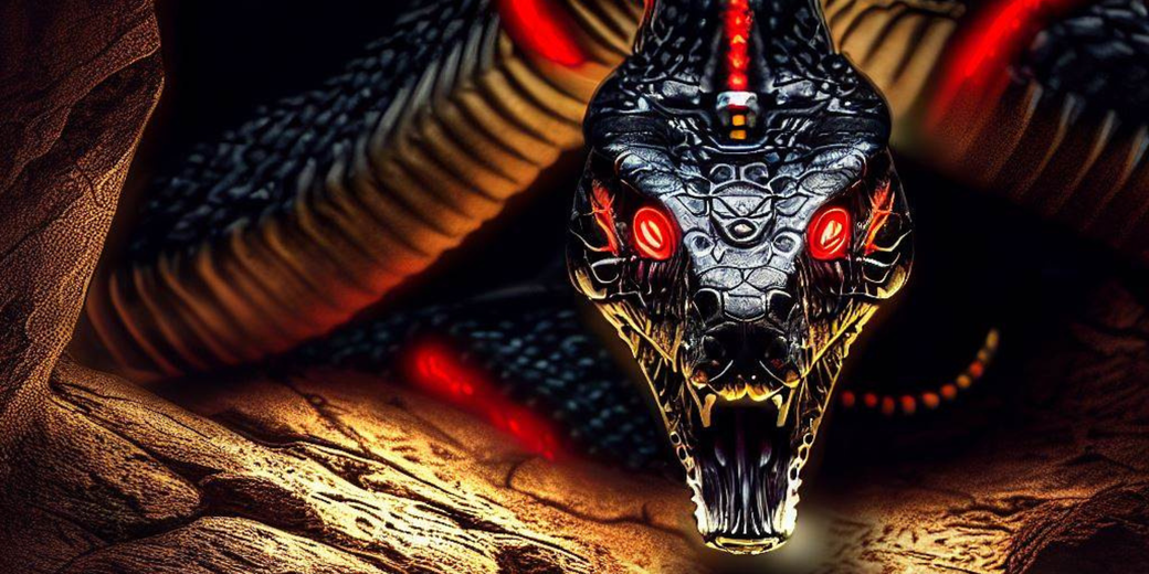 A fierce, glowing-eyed serpent, representing Apophis, the chaos serpent of ancient Egyptian mythology. Its dark, metallic scales and red accents evoke a menacing, supernatural presence.