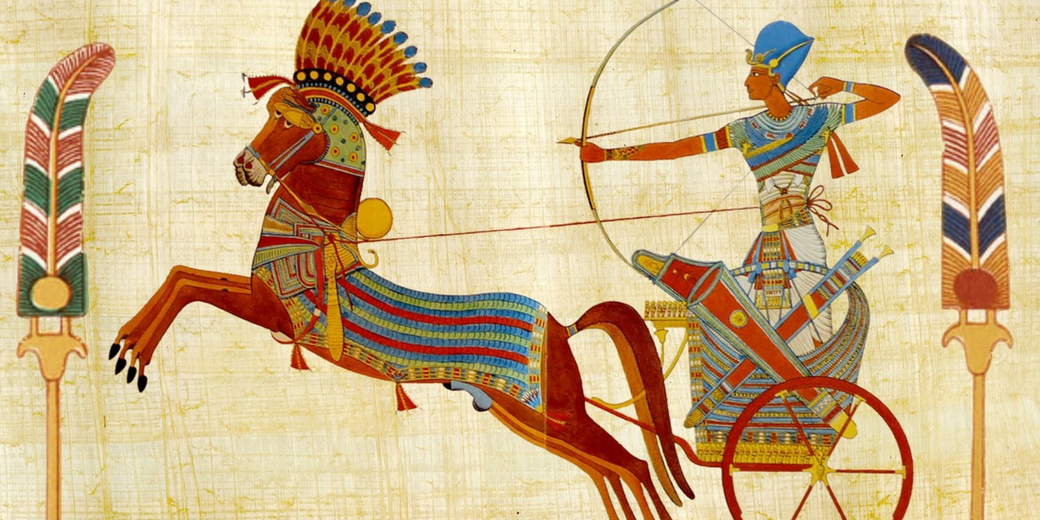 Ancient Egyptian artwork of a pharaoh in a chariot aiming a bow, drawn by a decorated horse, with colorful patterns and symbols.