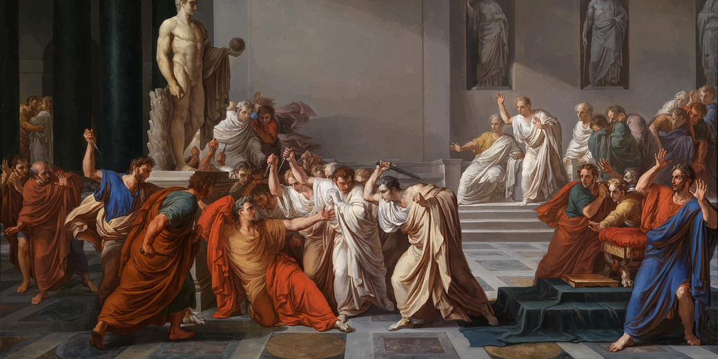 Dramatic painting of Julius Caesar’s assassination, showing senators in togas attacking him with daggers as others react in shock.