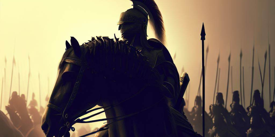 A mounted warrior in full plate armor with a plumed helmet, silhouetted against a golden sky. Behind him, a formation of spear-wielding soldiers stands ready for battle.