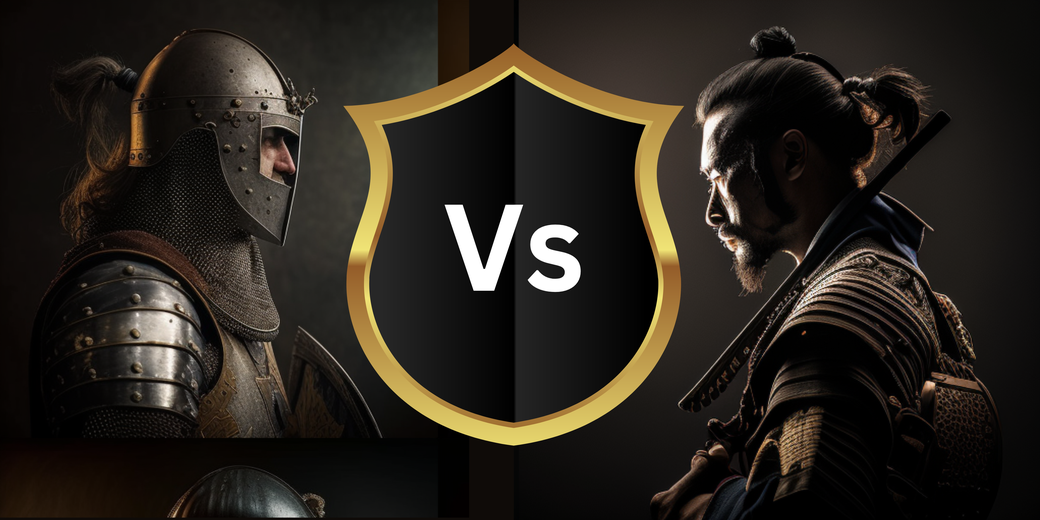 A medieval knight and a samurai facing off, separated by a gold-trimmed "Vs" shield emblem. The knight wears chainmail and plate armor, while the samurai dons traditional lamellar armor.