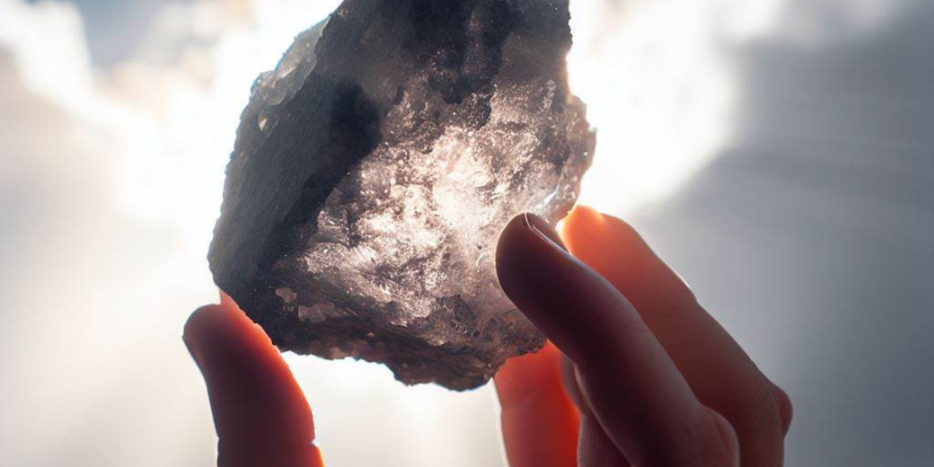 A person holding a rough, translucent crystal against the sunlight. The light passes through the stone, creating a glowing effect.