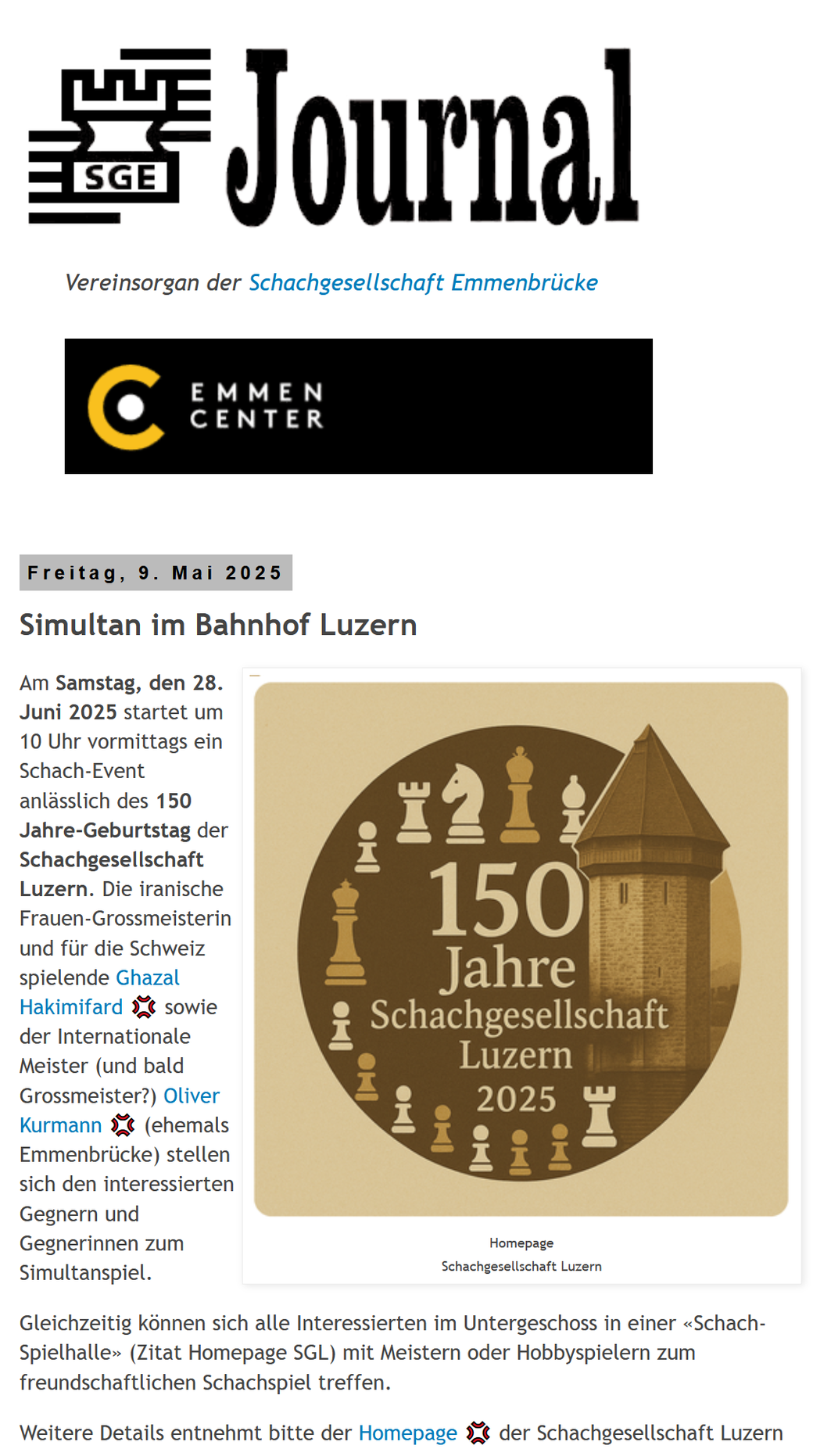 JOURNAL der Schachgesellschaft Emmenbrücke vom 9. Mai 2025