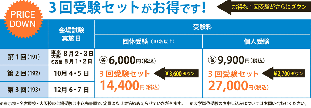 模擬試験受験料　3回セットがお得です！　会場実施日以降も1回目、2回目模試受験できます
