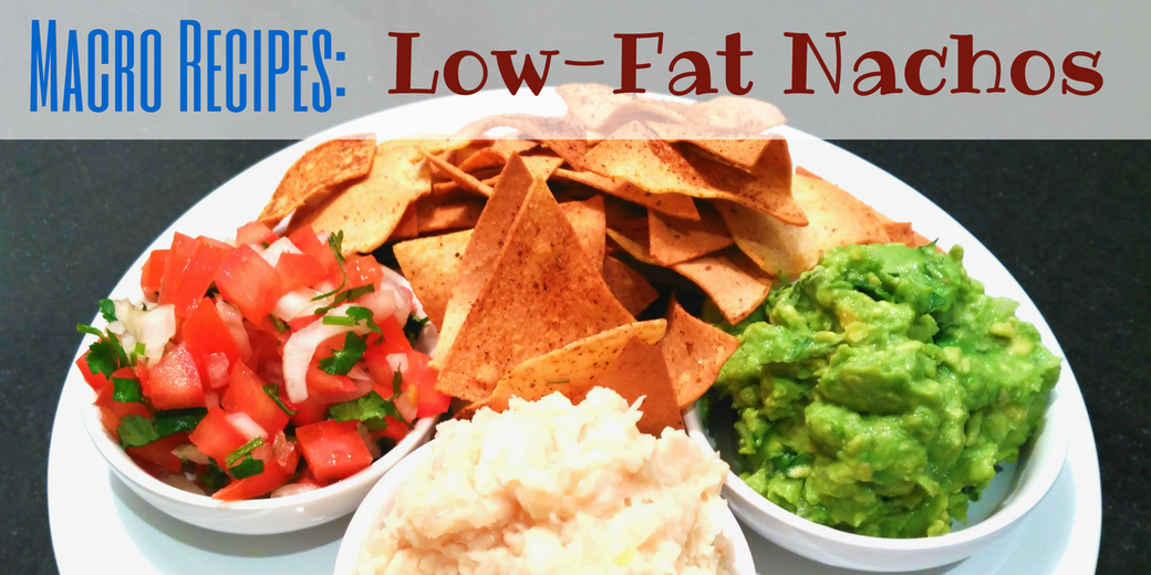 Baked Low-Fat Nachos with Pico de Gallo Salsa, Garlic and Bean dip and Guacamole.