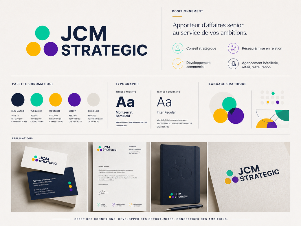 Planche d’identité visuelle de JCM Strategic avec logo bleu marine, cercles turquoise, jaune et violet, palette de couleurs, typographies et supports de communication.