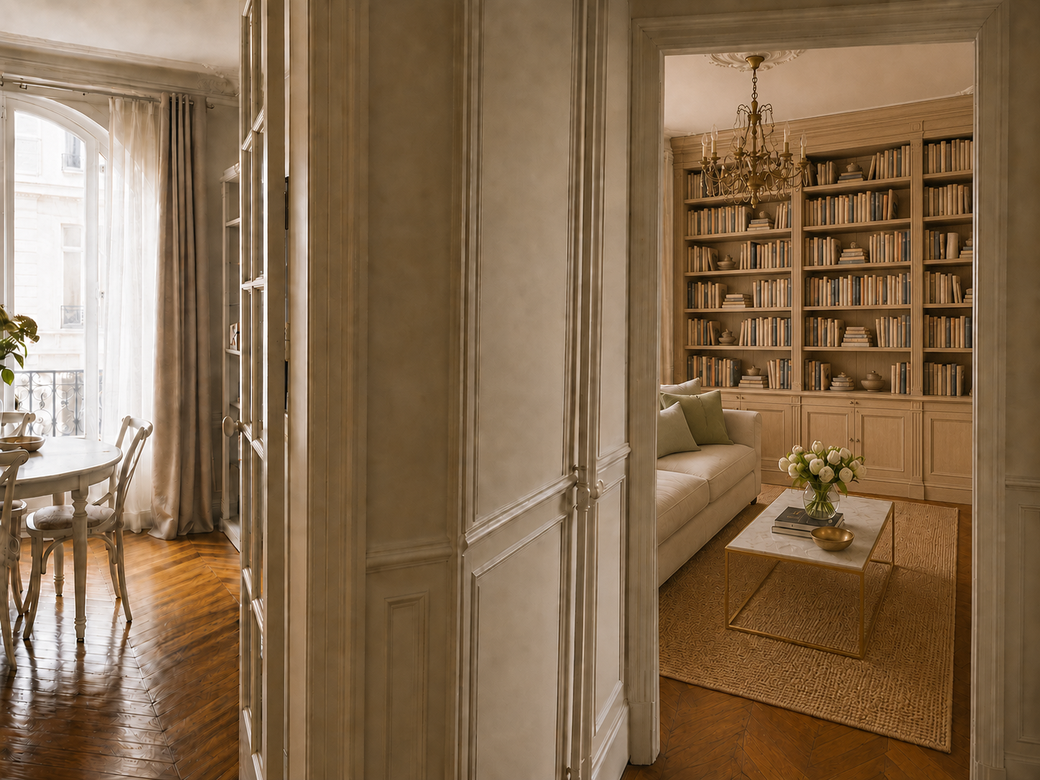 Vue depuis le couloir sur le salon et la salle à manger rénovés d’un appartement familial de 89 m², boulevard Ornano à Paris 18ᵉ.