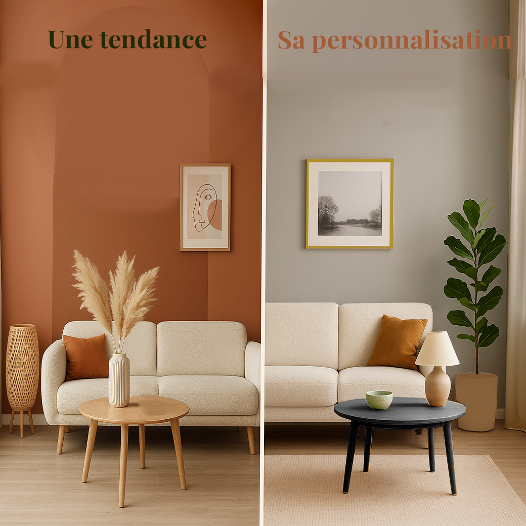 La tendance : terracota, cannelage, pampas, canapé à boulettes. Sa personnalisation : intemporel, une vraie plante, une photo de paysage d'un lieu familial et une touche terracotta dans le coussin.