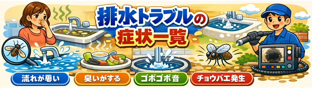 排水トラブルの症状一覧を示すイラスト。流れが悪い、臭い、ゴボゴボ音、チョウバエ発生の4つの症状をわかりやすく表示。