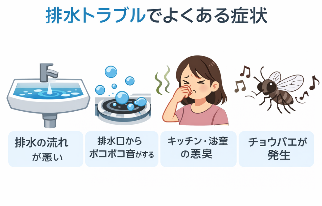 家庭の排水トラブルとして多い、流れの悪化・ボコボコ音・悪臭・チョウバエ発生と、その原因である排水管の汚れや汚水桝の詰まりを説明した図解。石川・富山|