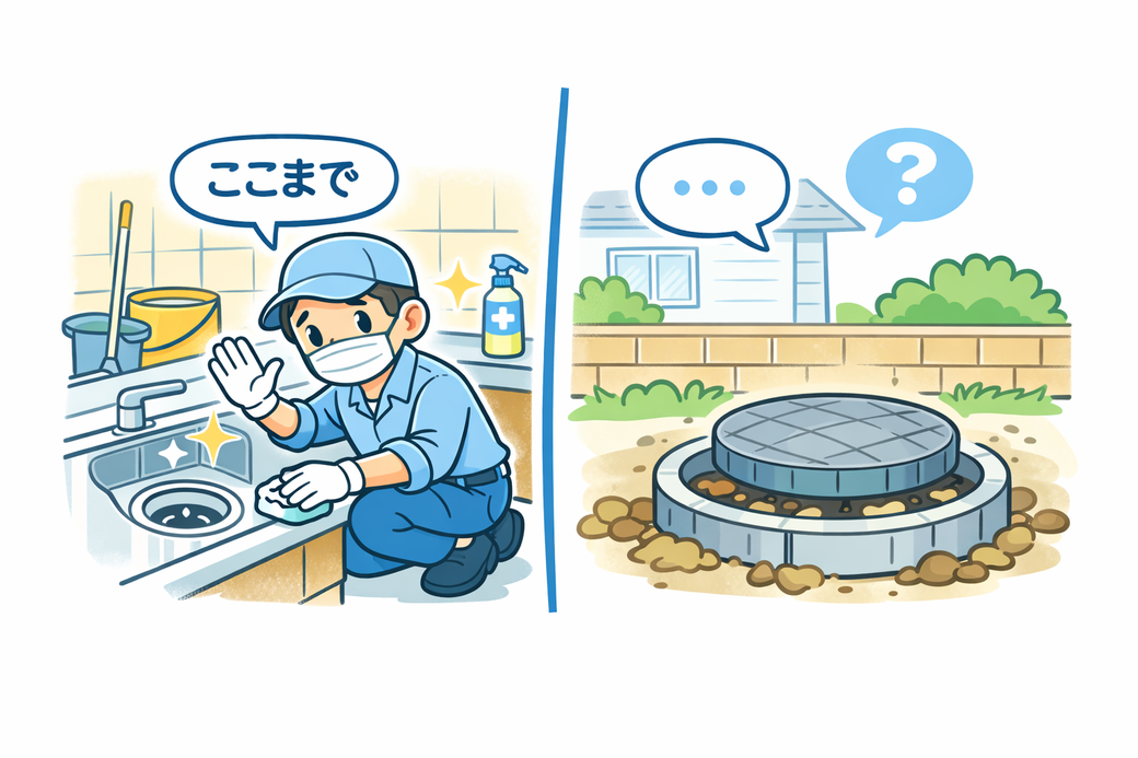 退去清掃で室内排水口だけ清掃され、屋外汚水桝が未清掃で汚れが蓄積する様子