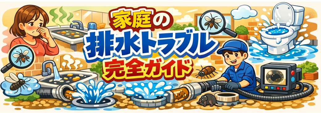 排水トラブルの症状一覧を示すイラスト。流れが悪い、臭い、ゴボゴボ音、チョウバエ発生の4つの症状をわかりやすく表示。