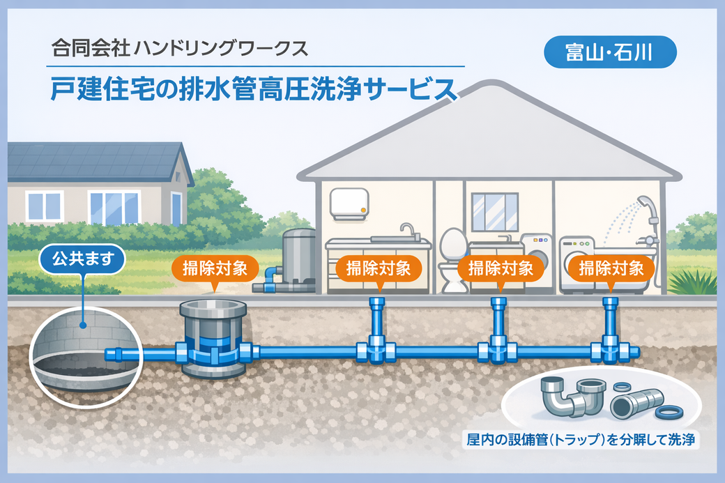 戸建住宅の排水管高圧洗浄サービス|富山・石川対応 キッチン・浴室・洗面・洗濯機・トイレなど、日常生活で使われる排水設備は、時間とともに汚れが蓄積され、詰まりや悪臭の原因になります。 合同会社ハンドリングワークスでは、屋内外の排水管・排水マスを対象に、高圧洗浄機による徹底洗浄を行っています。 また、必要に応じて屋内の設備管(トラップ)を分解して洗浄することで、より確実なメンテナンスが可能です。 対応エリアは富山県・石川県。 地域密着のプロが、安心・丁寧に対応いたします。