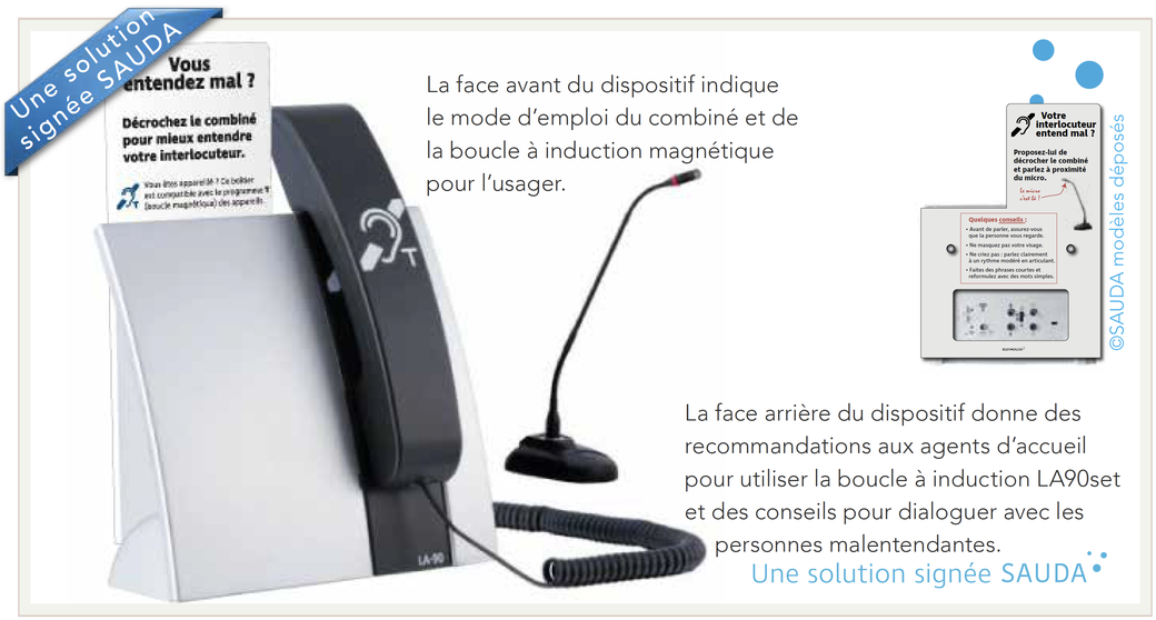 La face avant indique le mode d'emploi du combiné et de la boucle à induction magnétique pour l'usager. La face arrière donne des recommandations aux agents d'accueil pour utiliser la boucle à induction LA90set et des conseils.