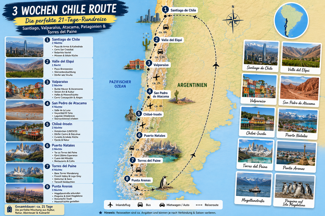 Chile Rundreise 3 Wochen Route