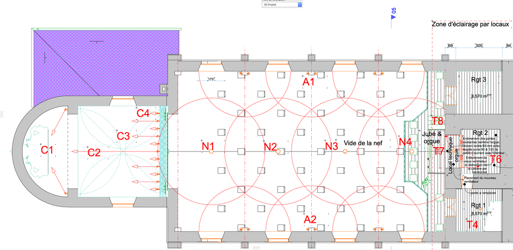 Plan de l'étage avec 1 groupe de 5 chaises dans le jubé + 4 chaises supplémentaires