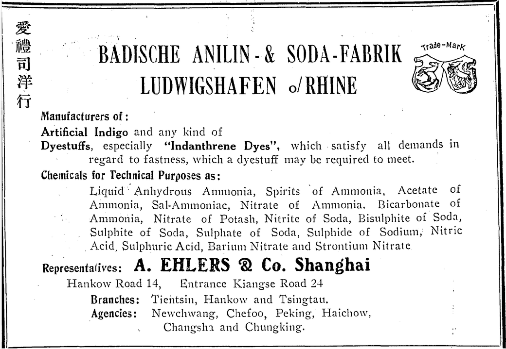 1923 advertisement by a BASF China representative A. Ehlers & Co., Shanghai