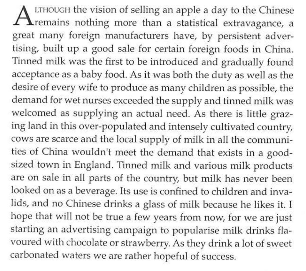China advertising pioneer Carl Crow in his 1937 book "400 Million Customers" on tinned milk.