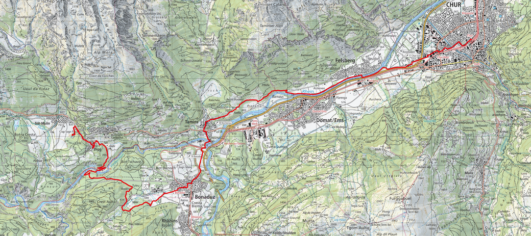 Etappe Nr. 1  Chur-Trin 25.50 Km.  780m Aufstieg  / 550m Abstieg
