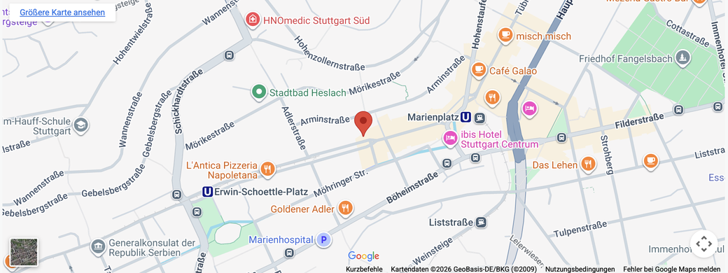 Karte zur Anfahrt: Kinder- und Jugendpraxis Dogan, Böblinger Str. 24, 70178 Stuttgart (Nähe Marienplatz / Erwin-Schöttle-Platz).