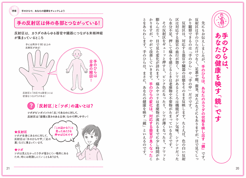 『7秒押すだけで体温が上がる 手もみ健康法』日東書院_p20-21_手のひらは、あなたの健康を映す「鏡」です-手のひらセラピー