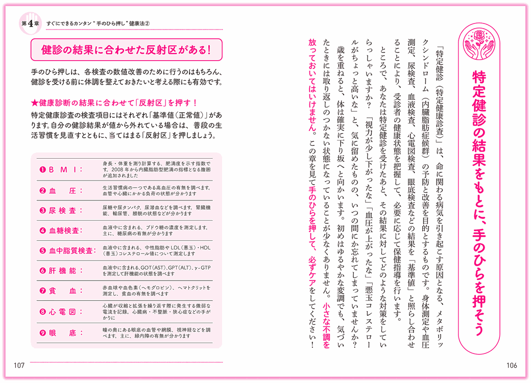 『7秒押すだけで体温が上がる 手もみ健康法』日東書院_p106-107_特定健診の結果をもとに手のひらを押す-手のひらセラピー