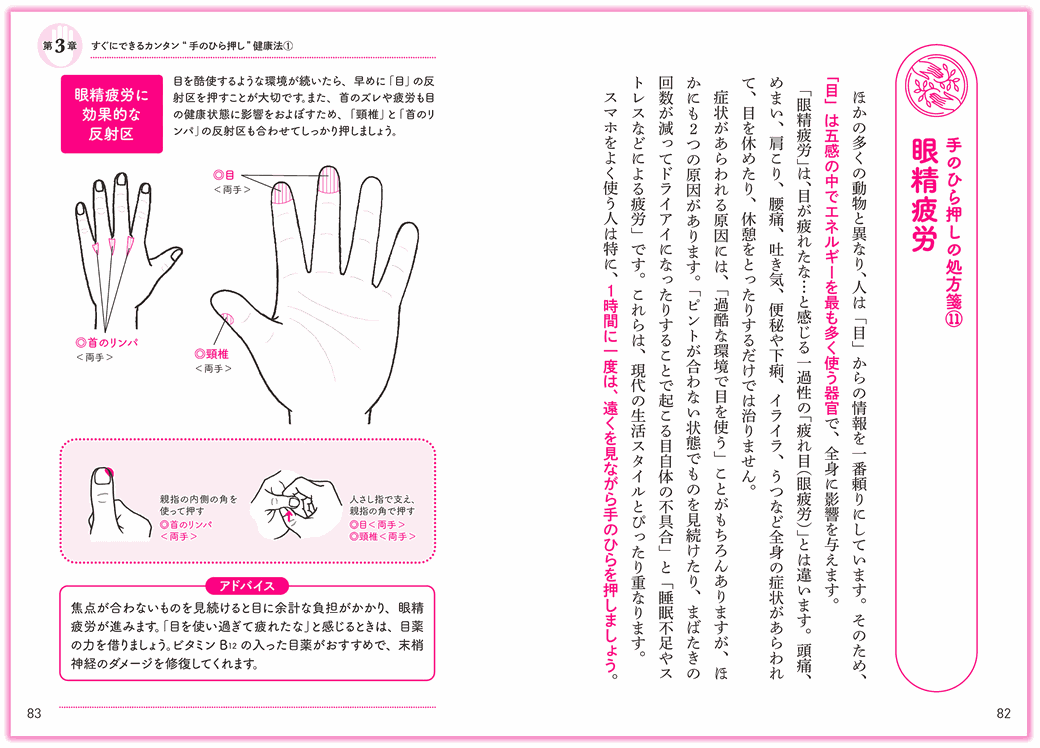 『7秒押すだけで体温が上がる 手もみ健康法』日東書院_p82-83_眼精疲労を改善する-手のひらセラピー