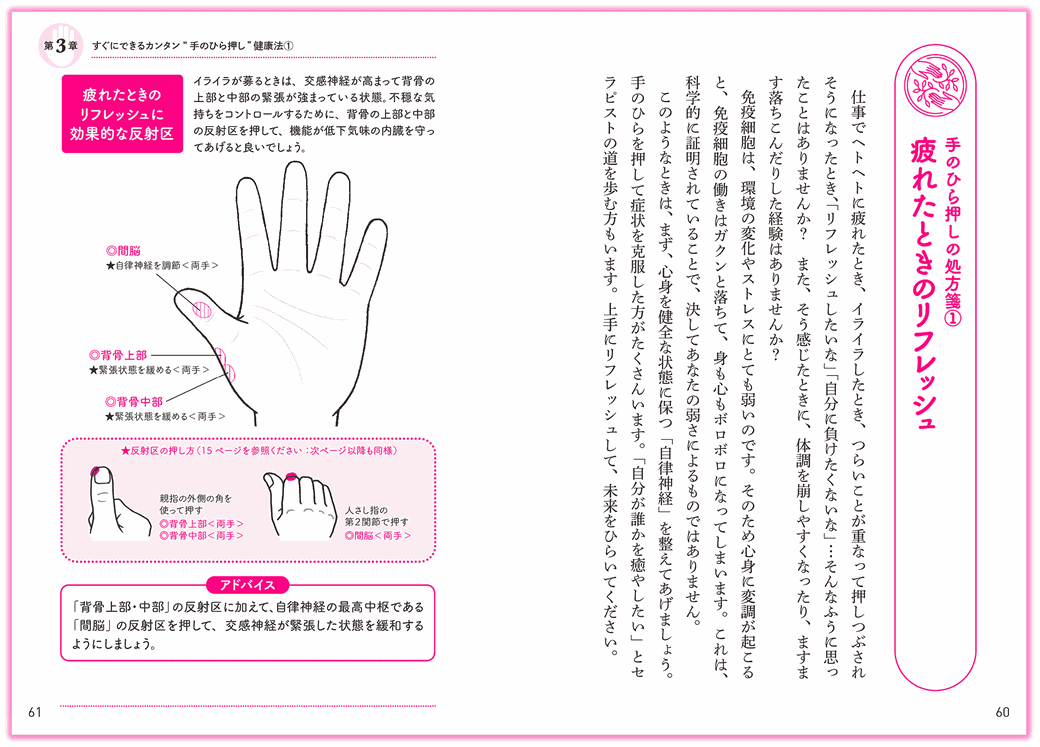 『7秒押すだけで体温が上がる 手もみ健康法』日東書院_p60-61_疲れたときのリフレッシュ-手のひらセラピー