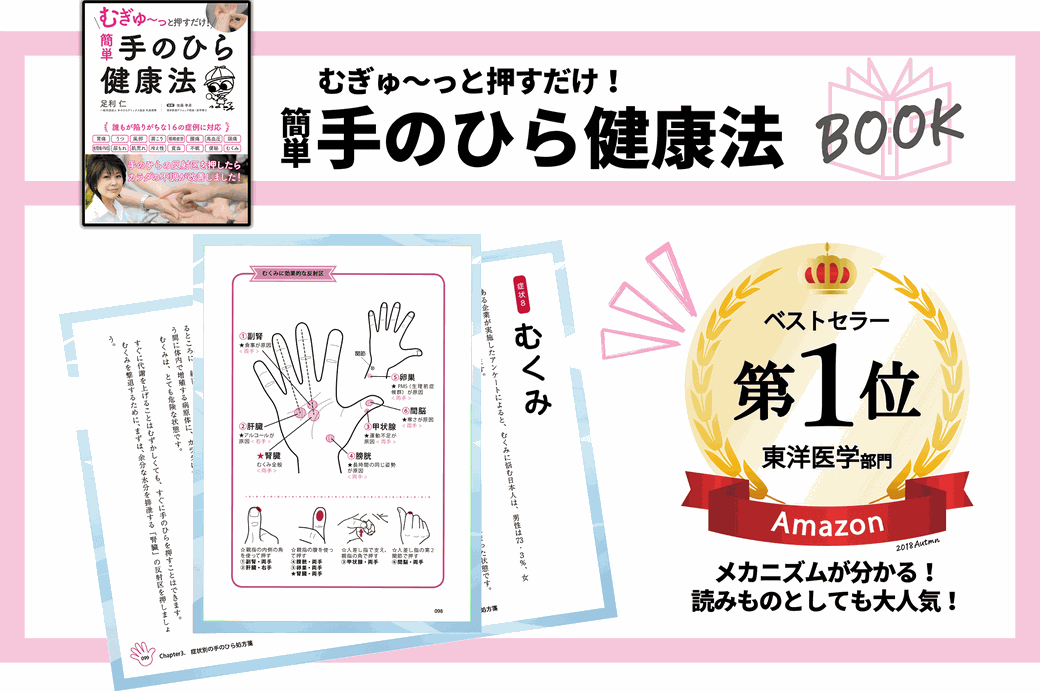 Amazon東洋医学部門ベストセラー1位_『むぎゅ〜っと押すだけ！簡単 手のひら健康法』カクワークス社