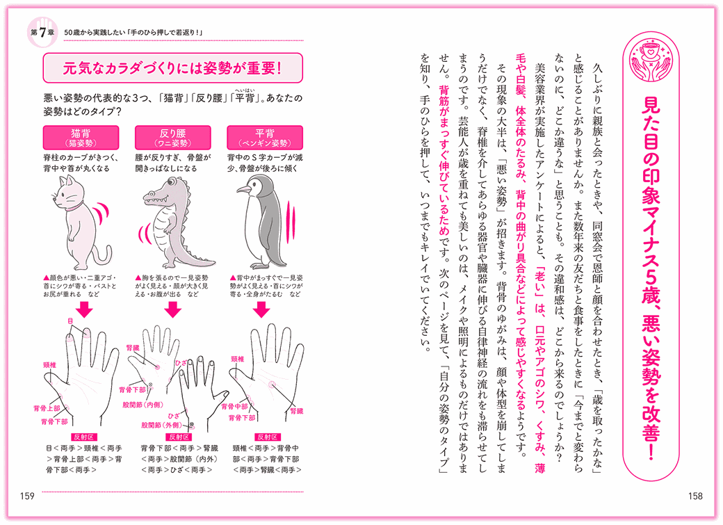 『7秒押すだけで体温が上がる 手もみ健康法』日東書院_p158-159_猫背・反り腰・平背を改善する-手のひらセラピー