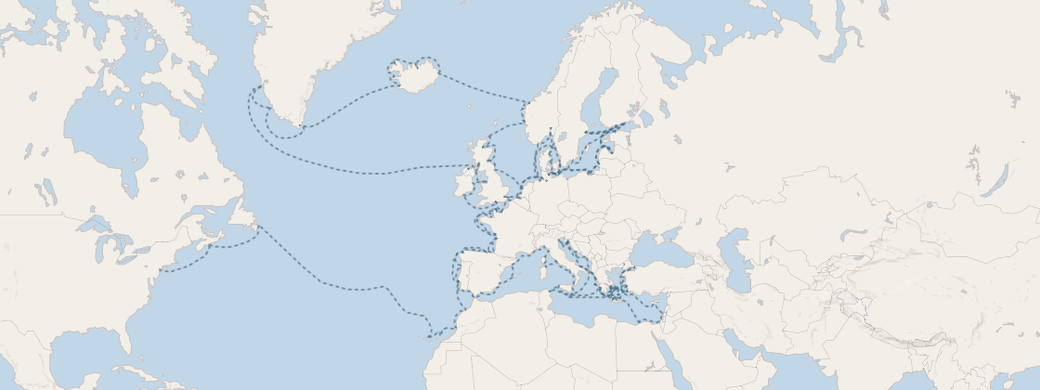 Routenkarte Grand European Discovery von New York nach Athen mit der Seven Seas Mariner