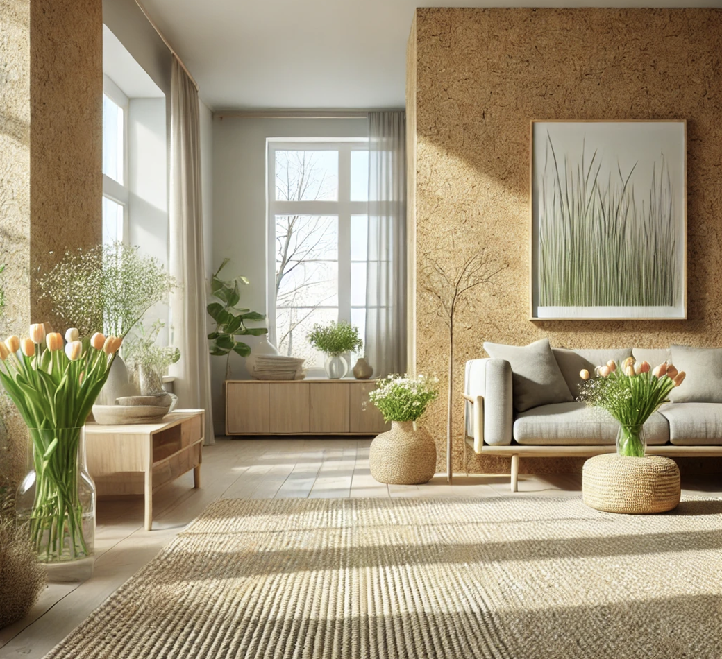 Raum mit Korktapete und Juteteppichen