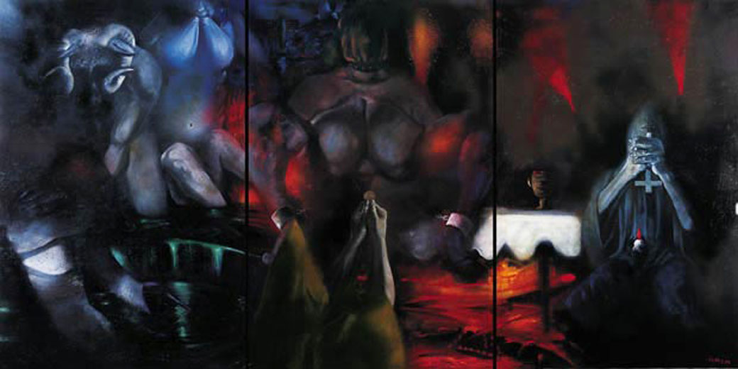 Trittico della Messa Nera / Tryptych of The Black Mass (2002) trittico/tryptych - olio e acrilicosu tela/oil and acrylic on canvas, cm (300 x 150)