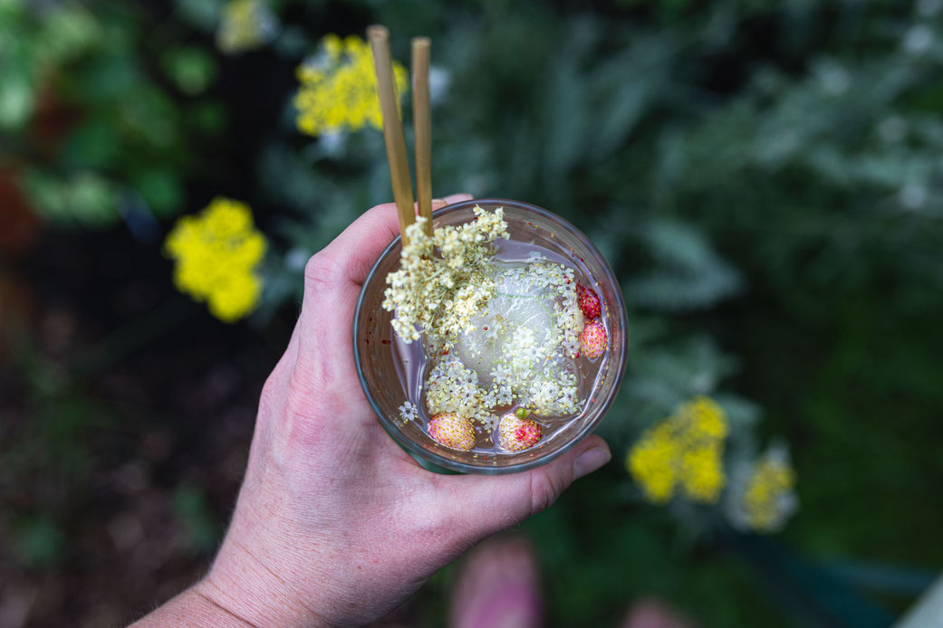 Sommer-Cocktail mit Holunderblüten und Walderdbeeren
