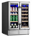 Enfriador De Bebidas De Acero Inoxidable De 24 pulgadas Con Dos Zonas Para 18 Botellas De Vino y 88 Latas Empotrado y De Pie Con Puerta Francesa VELIVI KMYL120HD