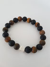 Elastische armband van matte tijgeroog en zwarte lava kralen