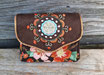 Porte-monnaie femme accordéon en tissu fleur, suédine marron, broderie médaillon fleur