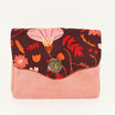 Petit porte-monnaie accordéon pour femme, porte-cartes, 3 compartiments, en tissu marron avec des fleurs et en suédine rose orangé