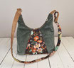 sac hobo femme bohème, velours côtelé kaki,  tissu marron imprimé avec des fleurs colorées , faux cuir camel