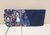 Porte-chéquier horizontal femme,souche à gauche, suédine bleu marine, tissu Alice au pays des merveilles