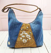 grand sac hobo femme bohème, velours côtelé ocre, jean recyclé, faux cuir marron, broderie marguerites