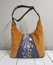 grand sac hobo femme bohème, velours côtelé caramel et vert foncé, tissu imprimé fleurs sauvages