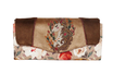 Grand portefeuille  brodé femme, tissu beige avec des fleurs et des pois broderie licorne
