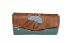 Grand portefeuille brodé pour femme, en faux cuir camel, tissu bleu gris, broderie  parapluie